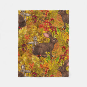 Autumn Rabbit on ochre Fleece Blanket