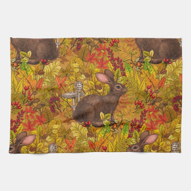Autumn Rabbit on ochre Kitchen Towel (Horizontal)