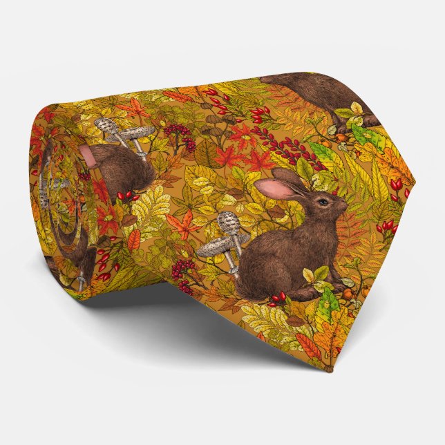 Autumn Rabbit on ochre Neck Tie (Rolled)