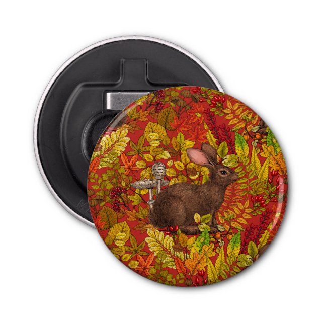 Autumn Rabbit on red Bottle Opener (Front)