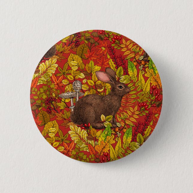 Autumn Rabbit on red Button (Front)