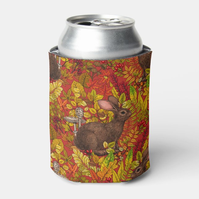 Autumn Rabbit on red Can Cooler (Can Front)