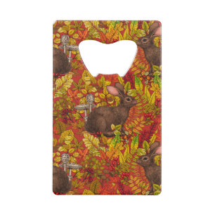 Autumn Rabbit on red Credit Card Bottle Opener
