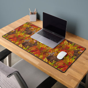 Autumn Rabbit on red Desk Mat