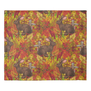 Autumn Rabbit on red Duvet Cover