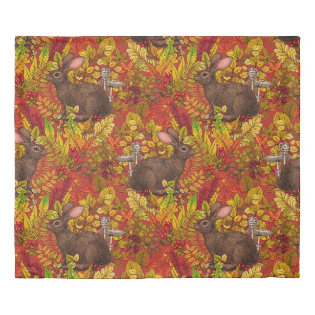 Autumn Rabbit on red Duvet Cover (Front)