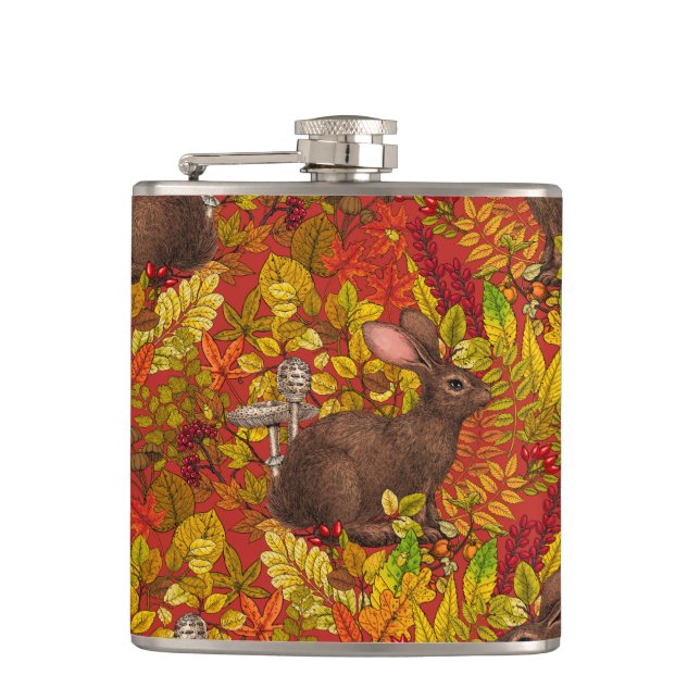 Autumn Rabbit on red Flask (Front)