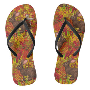 Autumn Rabbit on red Flip Flops