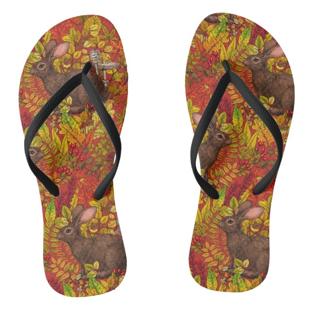 Autumn Rabbit on red Flip Flops (Footbed)