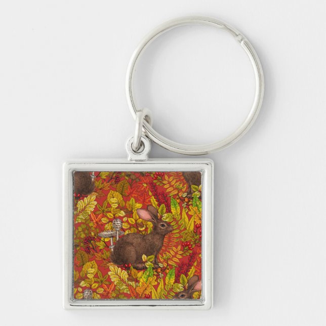 Autumn Rabbit on red Keychain (Front)