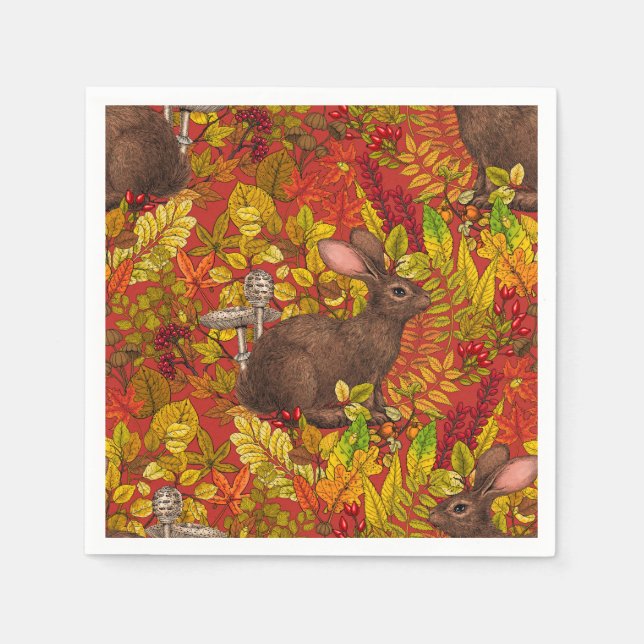 Autumn Rabbit on red Napkins (Front)