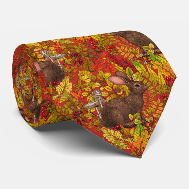 Autumn Rabbit on red Neck Tie (Rolled)