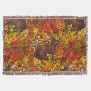 Autumn Rabbit on red Throw Blanket