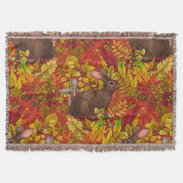 Autumn Rabbit on red Throw Blanket (Front)