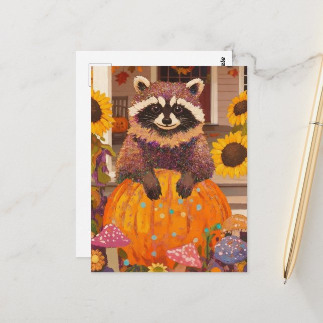 Autumn Raccoon Postcard (Front/Back In Situ)