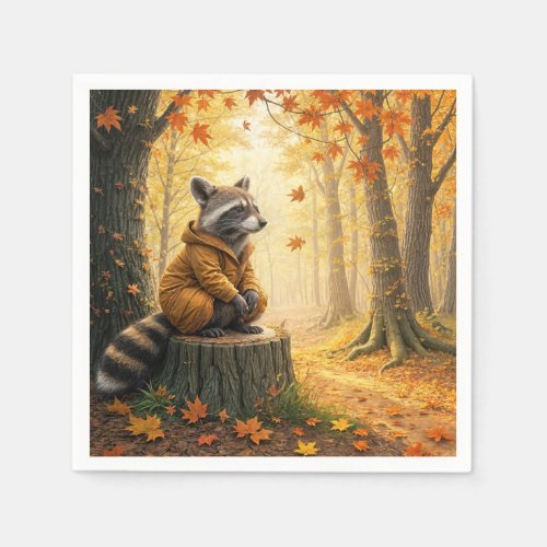 Autumn Raccoon Sitting On a Tree Stump Napkins