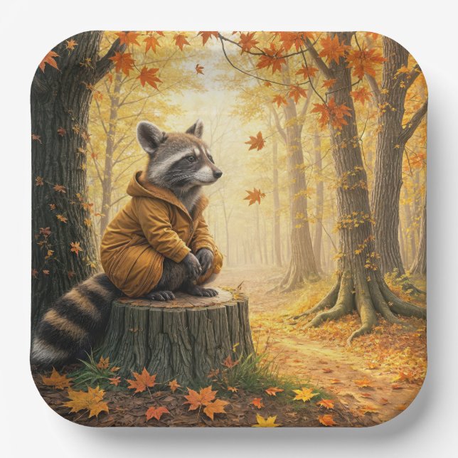 Autumn Raccoon Sitting On a Tree Stump Paper Plates (Front)