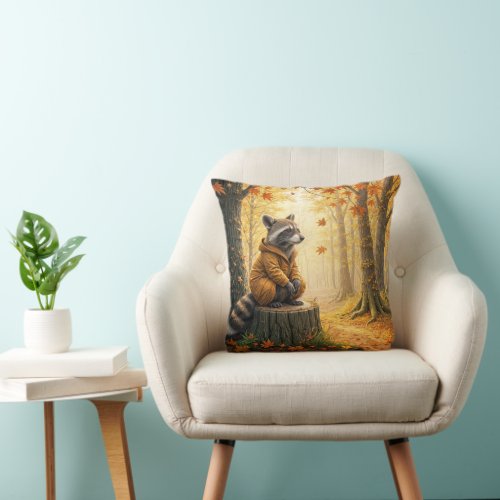 Autumn Raccoon Sitting On a Tree Stump Throw Pillow