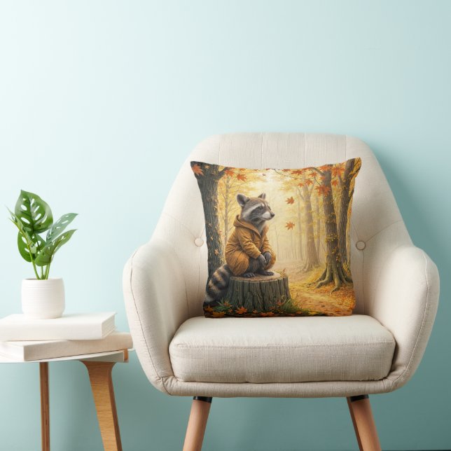 Autumn Raccoon Sitting On a Tree Stump Throw Pillow (Chair)