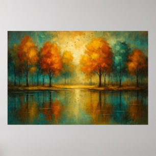 Autumn Radiance Teal Reflections and Golden Light Poster