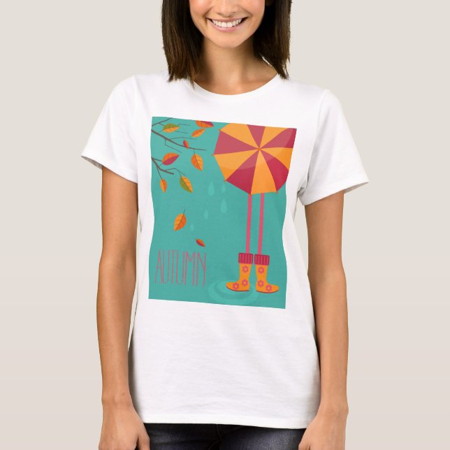 Autumn Rain Boots and Umbrella Fall Leaves  T-Shirt (Front)