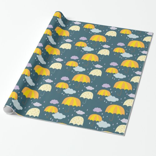 Autumn Rainy Day with Umbrella Pattern Dark Wrapping Paper