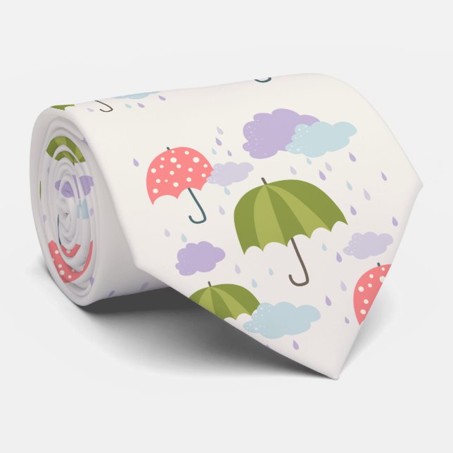 Autumn Rainy Day with Umbrella Pattern Neck Tie (Rolled)