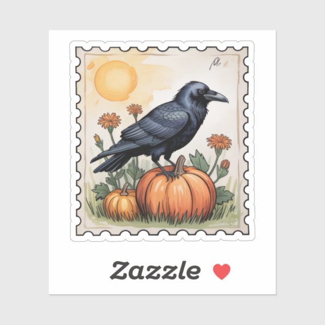 Autumn Raven on Pumpkin Halloween Postage Stamp Sticker (Sheet)