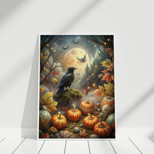Autumn Raven Wall Art – Mystical Full Moon Forest  (Autumn Raven Wall Art – Mystical Full Moon Forest in a white wooden frame)