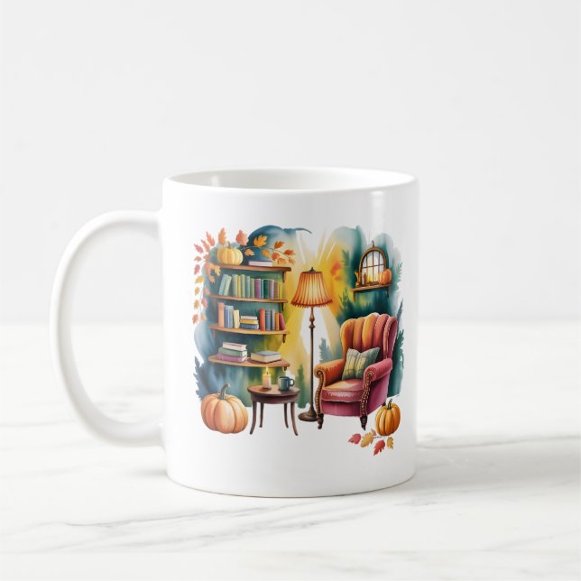 Autumn Reading Chair Mug — Cozy Lamp & Book Corner (Left)