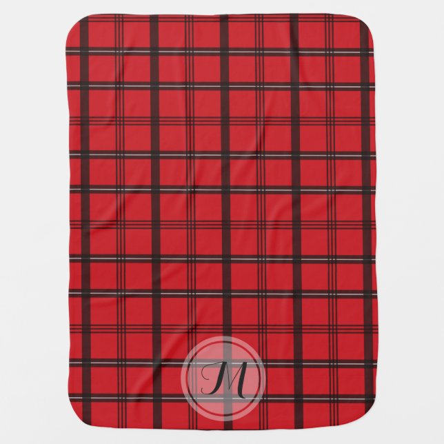 Autumn Red and Black Tartan Plaid | Monogram Swaddle Blanket (Front)