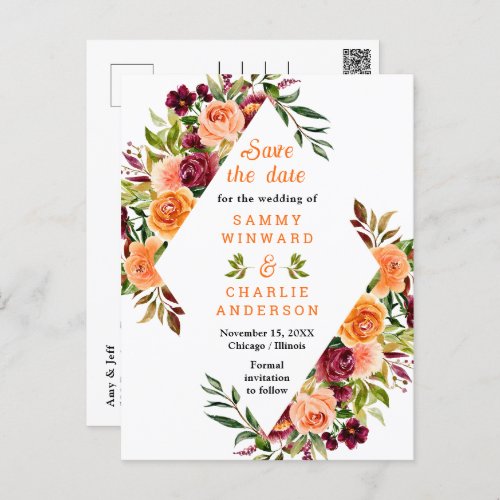 Autumn Red and Orange Floral Wedding Save The Date Postcard