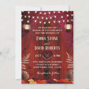 Autumn Red Barn Wood Rustic Lantern Fall Wedding Invitation