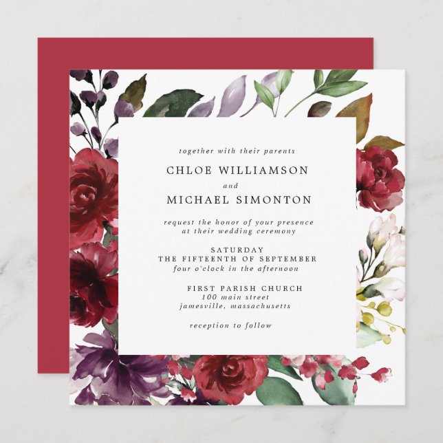 Autumn Red Floral Square Wedding Invitation (Front/Back)