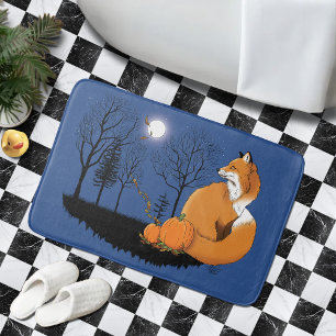 Autumn Red Fox Pumpkins Woodland Fall Blue Bath Mat