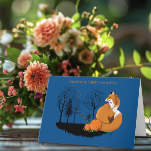 Autumn Red Fox Pumpkins Woodland Fall Blue Card