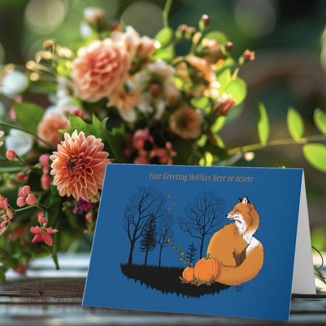 Autumn Red Fox Pumpkins Woodland Fall Blue Card (Creator Uploaded)