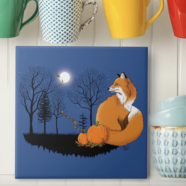Autumn Red Fox Pumpkins Woodland Fall Blue Ceramic Tile (Creator Uploaded)