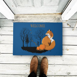 Autumn Red Fox Pumpkins Woodland Fall Blue Doormat