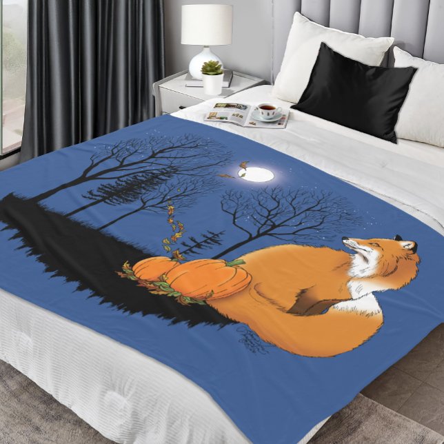 Autumn Red Fox Pumpkins Woodland Fall Blue Fleece Blanket (Creator Uploaded)