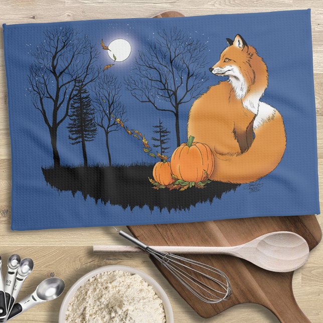 Autumn Red Fox Pumpkins Woodland Fall Blue Kitchen Towel (Creator Uploaded)