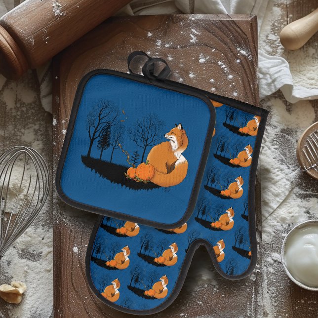 Autumn Red Fox Pumpkins Woodland Fall Blue Oven Mitt & Pot Holder Set (Creator Uploaded)