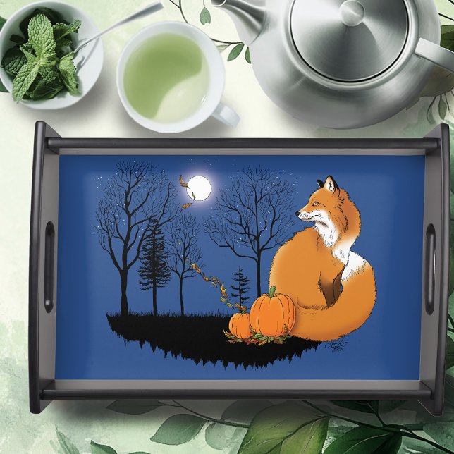 Autumn Red Fox Pumpkins Woodland Fall Blue Serving Tray (Creator Uploaded)