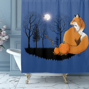 Autumn Red Fox Pumpkins Woodland Fall Blue Shower Curtain