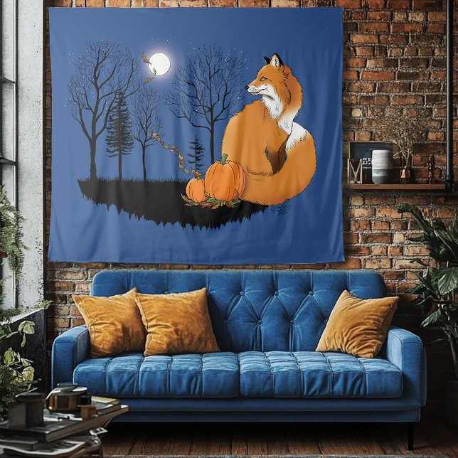 Autumn Red Fox Pumpkins Woodland Fall Blue Tapestry (Creator Uploaded)