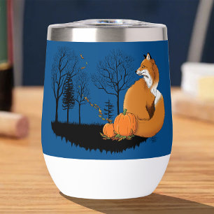 Autumn Red Fox Pumpkins Woodland Fall Blue Thermal Wine Tumbler