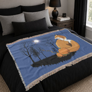 Autumn Red Fox Pumpkins Woodland Fall Blue Throw Blanket