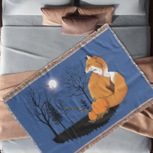 Autumn Red Fox Pumpkins Woodland Fall Blue Throw Blanket