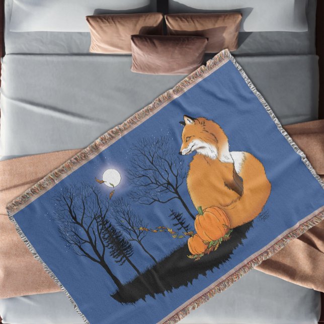 Autumn Red Fox Pumpkins Woodland Fall Blue Throw Blanket (Creator Uploaded)