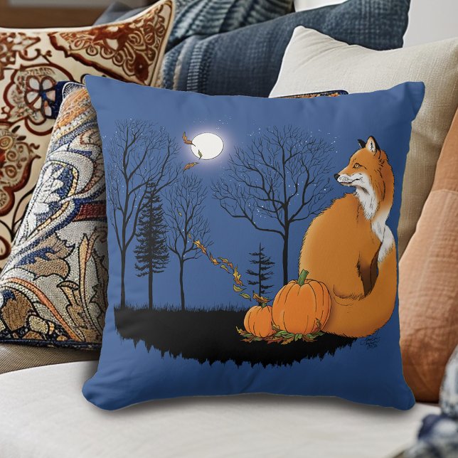 Autumn Red Fox Pumpkins Woodland Fall Blue Throw Pillow (Creator Uploaded)